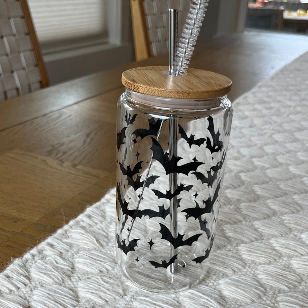 NWOT Clear Glass Tumbler with Black Bat Design